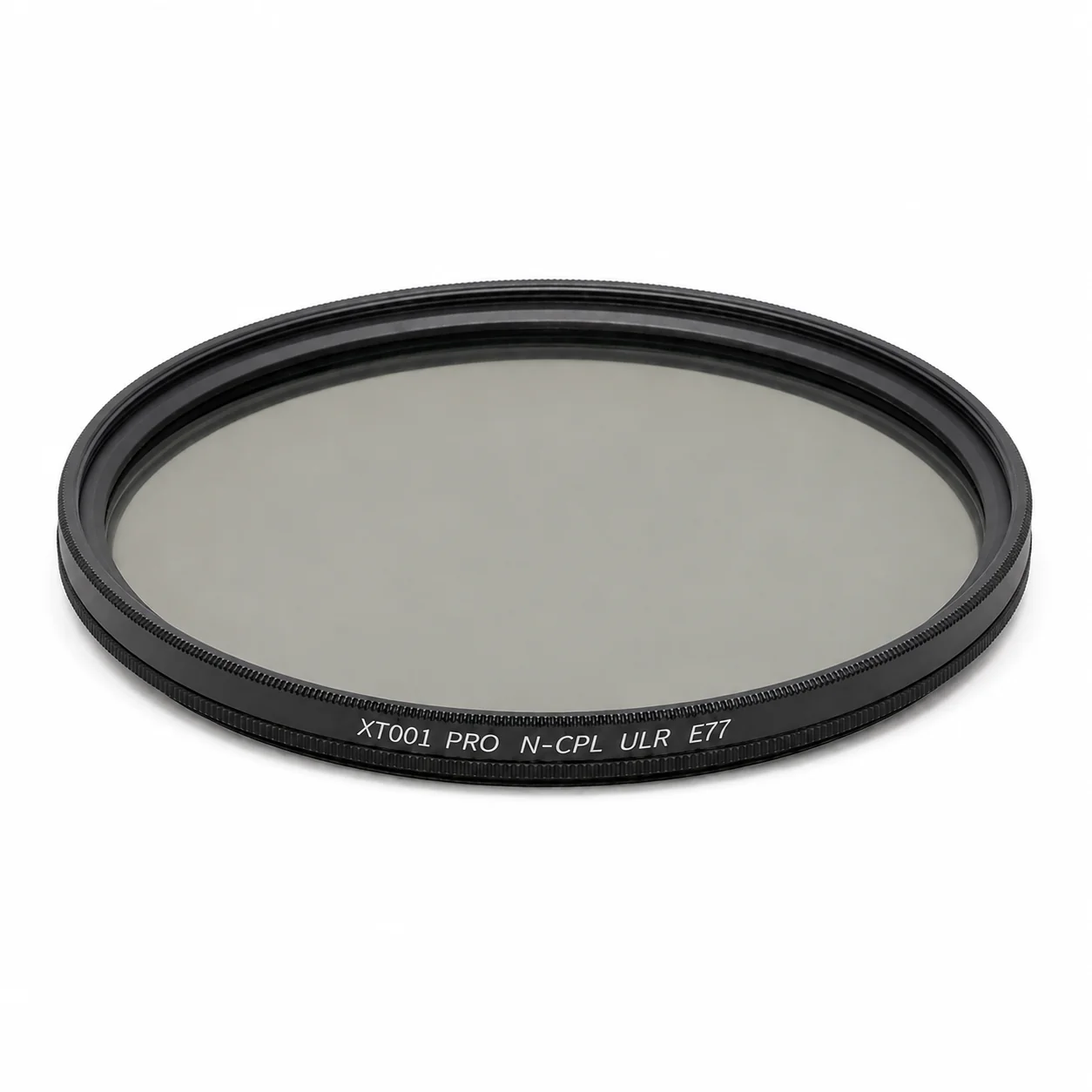 Top-down view of the XT001 PRO CPL circular polarizer filter with its black threaded rim and pale glass