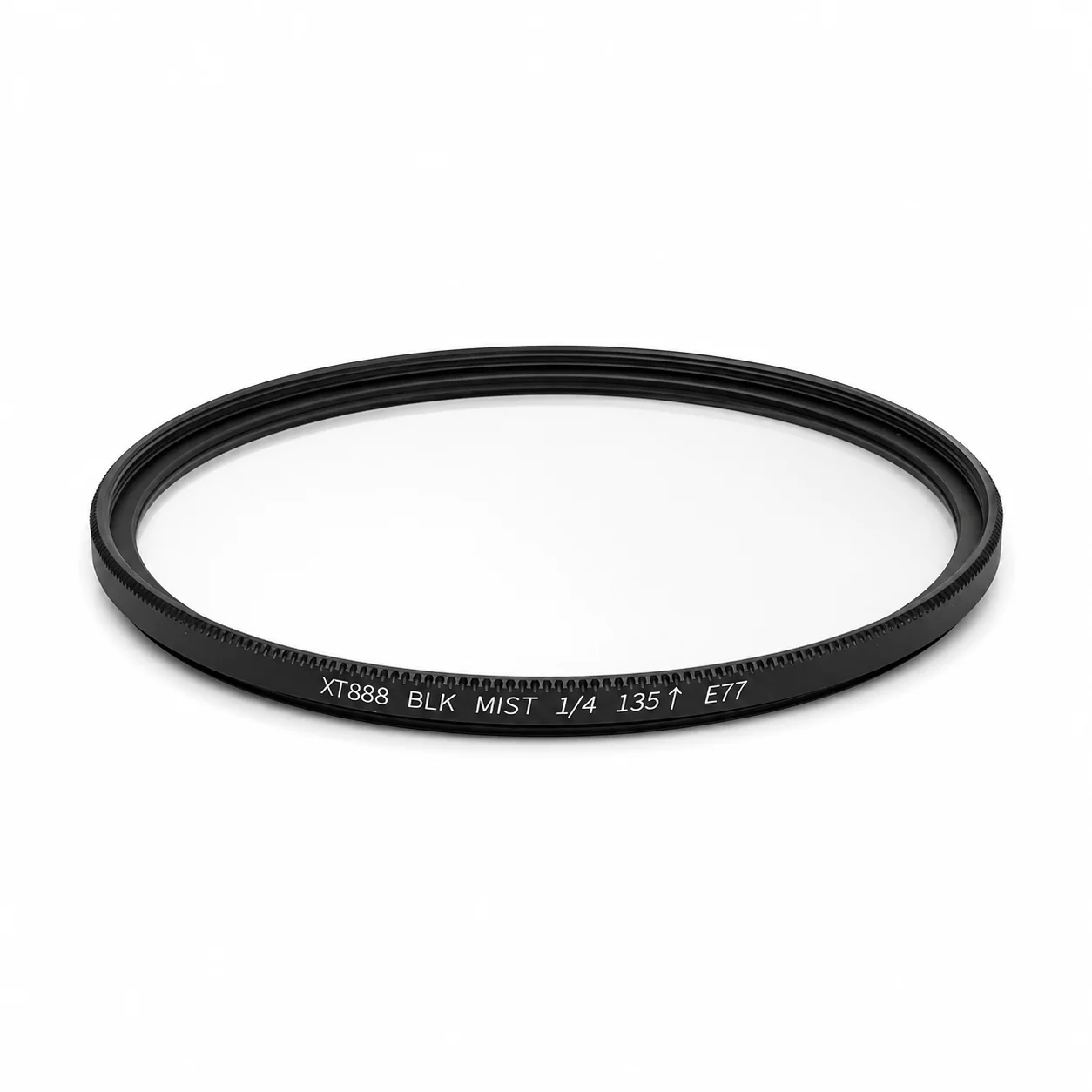 Top-down view of the XT888 135 Bottom 1/4 black mist filter with its black threaded rim and clear glass