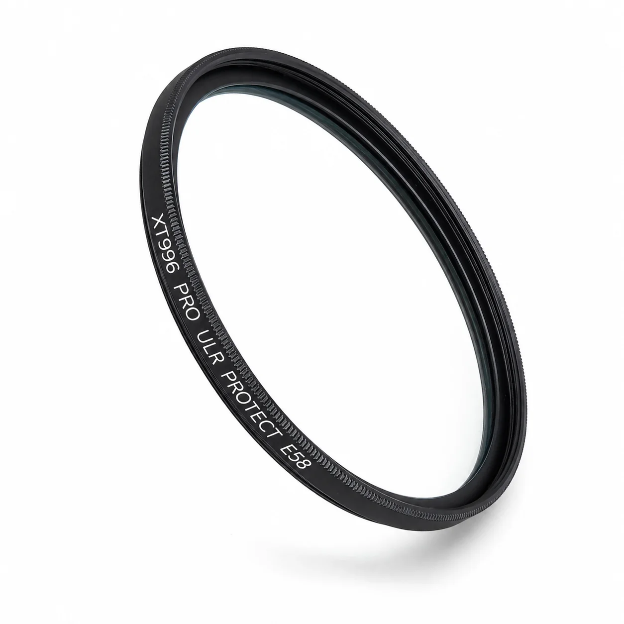 Alternate angled view of the XT996 PRO lens protection filter with its black frame and clear glass