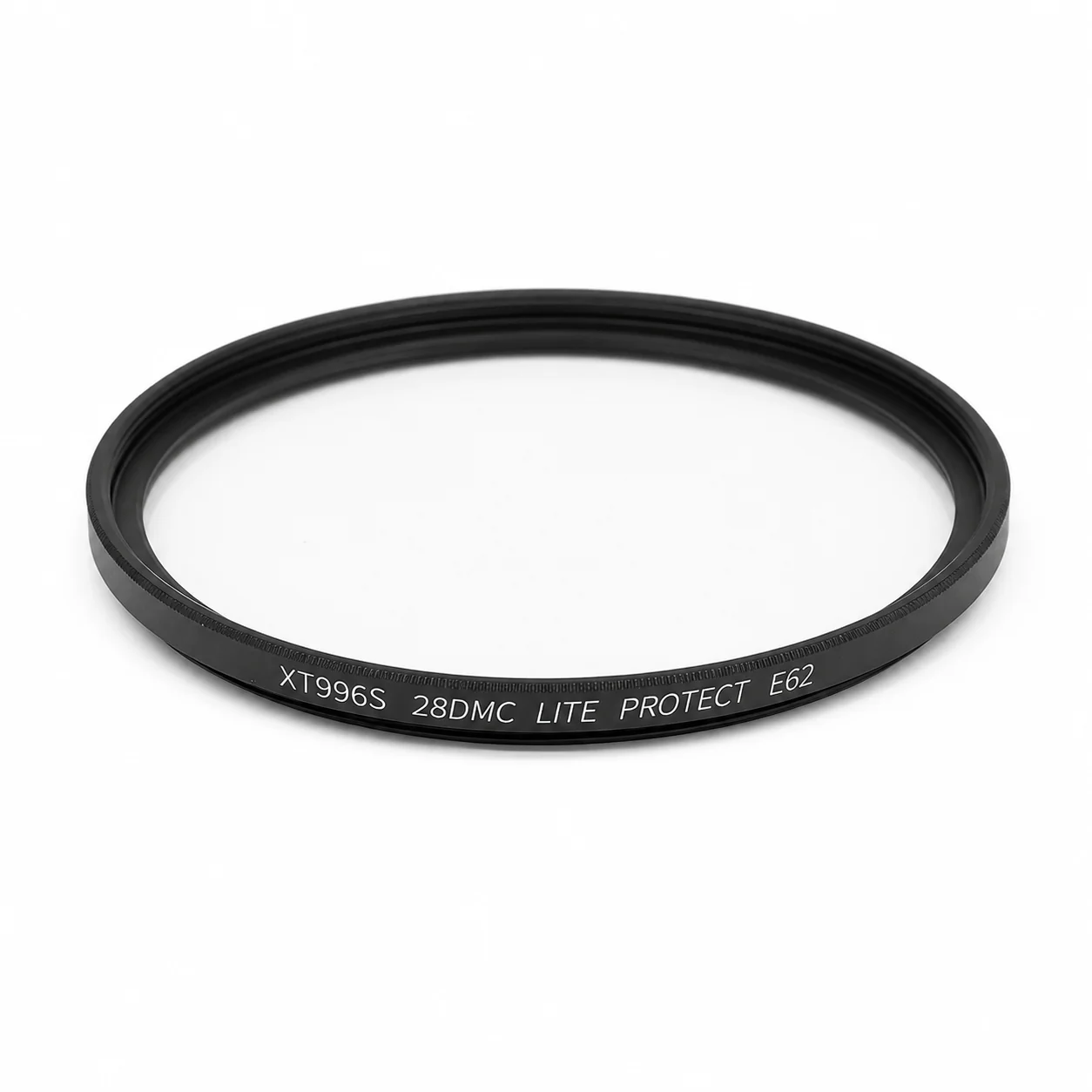 Top-down view of the XT996S lens protection filter with its black threaded rim and clear glass